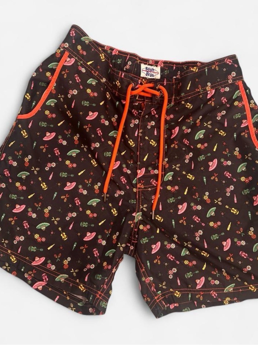 Men's Dark Brown Floral & Fiesta Print Swim Board Shorts with Orange Trim